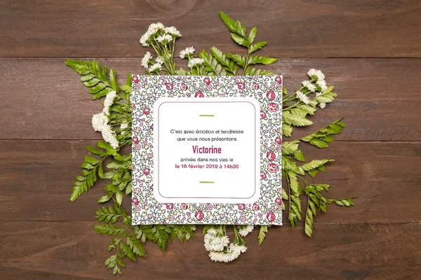 Faire part fille avec fleur style liberty